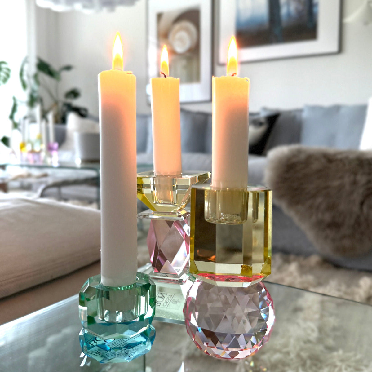 Kristalljusstake nr 84 ljusgul/rosa/mint