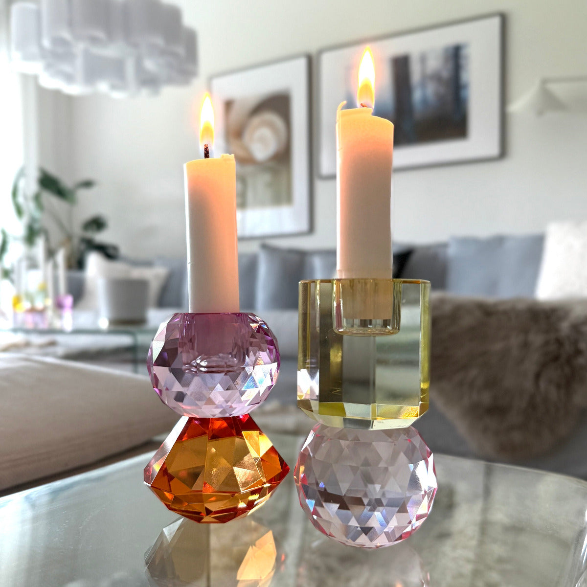 Kristalljusstake nr 72 rosa/ljusgul
