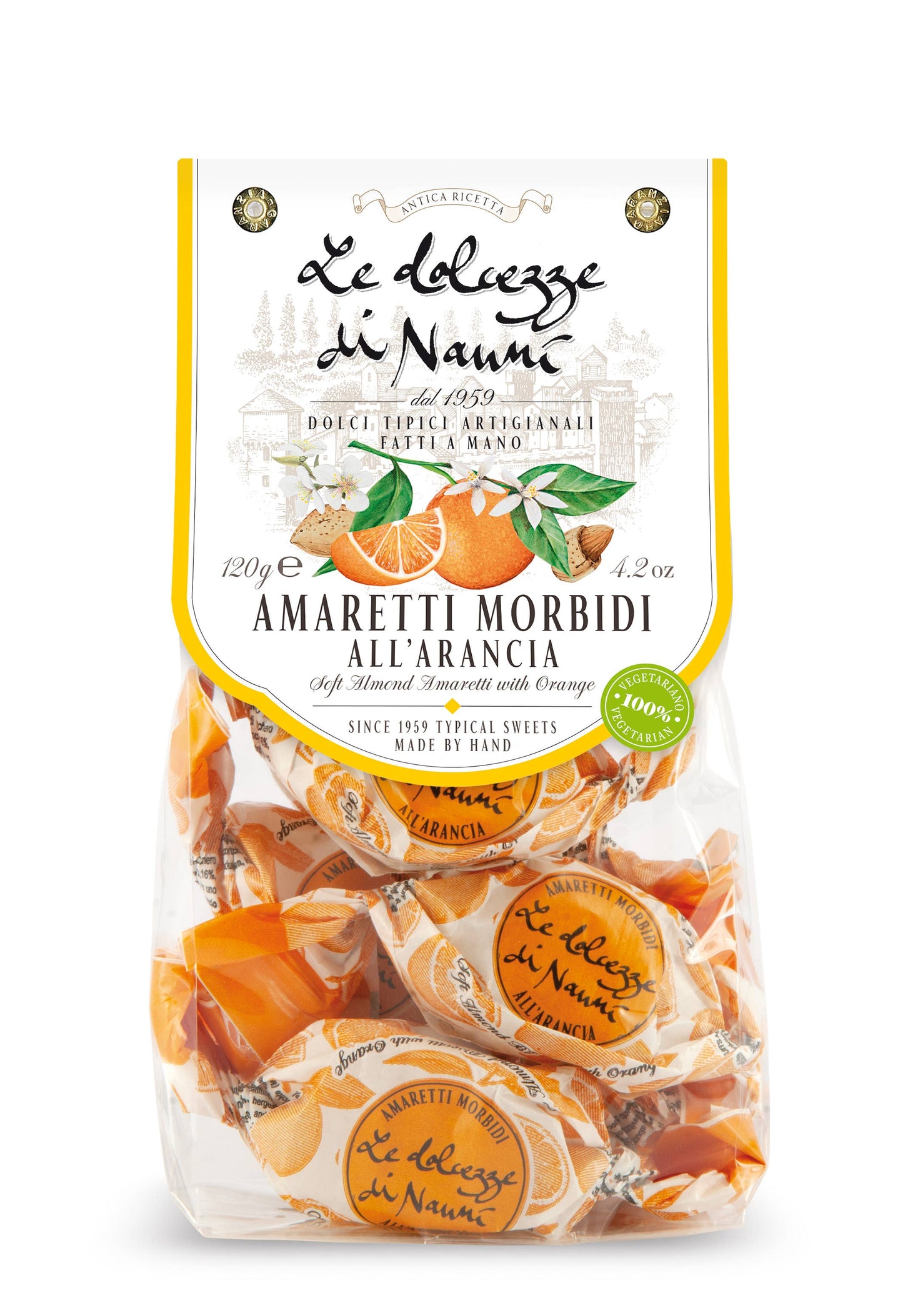 I elegant portionsförpackning, 120 g. Mjukt och smakrikt mandelmjöl, tillverkat uteslutande med minst 42 % mandel. Med naturlig apelsinsmak, perfekt att servera efter måltiden eller som ett njutbart mellanmål när som helst på dagen. Passar bra till frukost eller fika med te, kaffe eller cappuccino. Tillverkade i Italien. amaretti morbidi