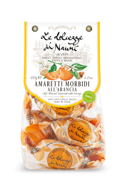 I elegant portionsförpackning, 120 g. Mjukt och smakrikt mandelmjöl, tillverkat uteslutande med minst 42 % mandel. Med naturlig apelsinsmak, perfekt att servera efter måltiden eller som ett njutbart mellanmål när som helst på dagen. Passar bra till frukost eller fika med te, kaffe eller cappuccino. Tillverkade i Italien. amaretti morbidi