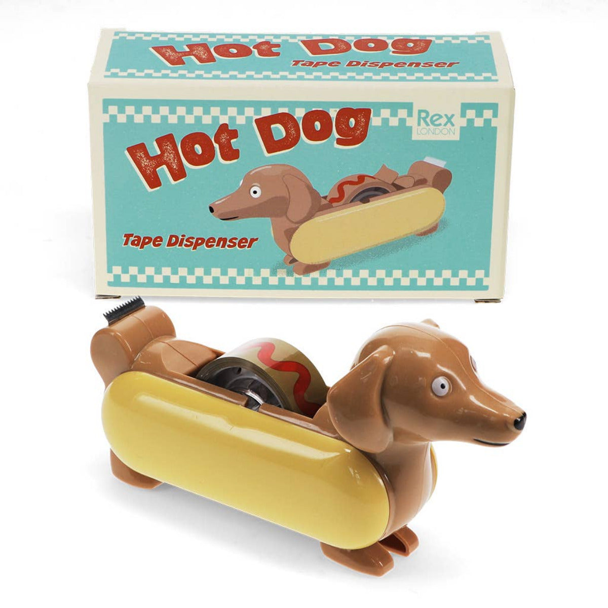 Quirky och nyskapande tejphållare, med en rolig design av en korvhund i ett bröd, med en skvätt ketchup längs den medföljande tejprullen. En rolig och funktionell kontorsartikel för en hundälskares arbetsplats eller till barnens pysselrum.