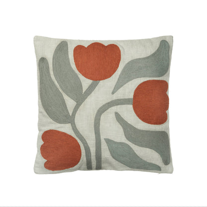 Dora Cushion Cover. Broderat kuddfodral  i bomull med tulpaner i grön och rött