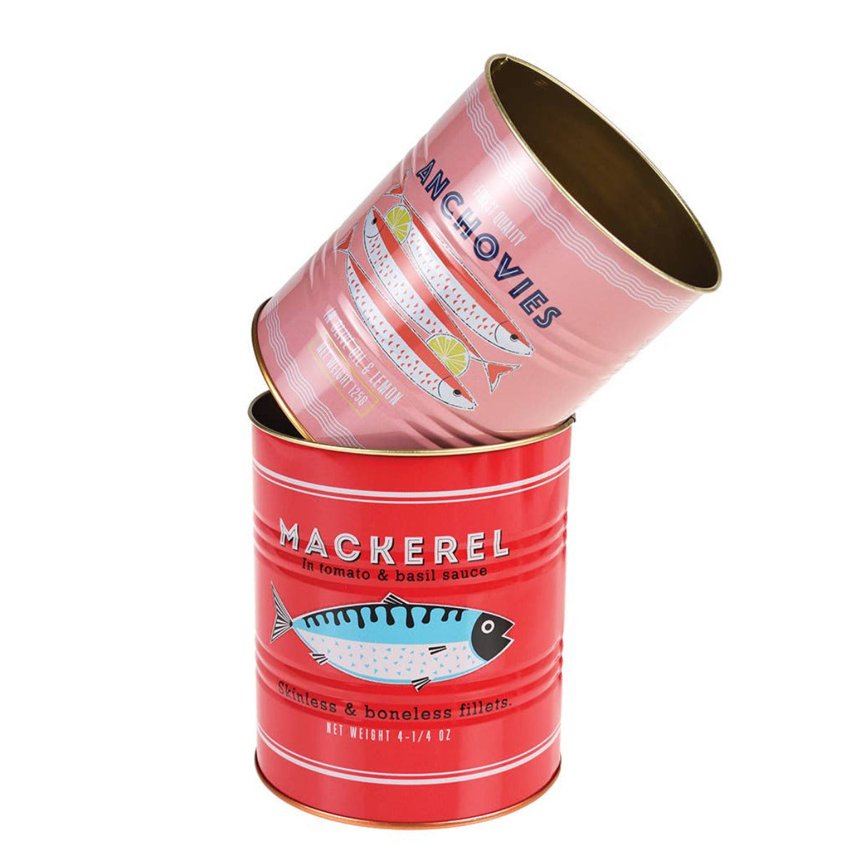 Ett par coola metallburkar i retrostil med ansjovis- och makrillfiskmärkning, inspirerade av vintage matburkar. Perfekt för att organisera dina pennor, köksredskap eller att fylla med bestick och servetter på matbordet.&nbsp;
bestickförvaring