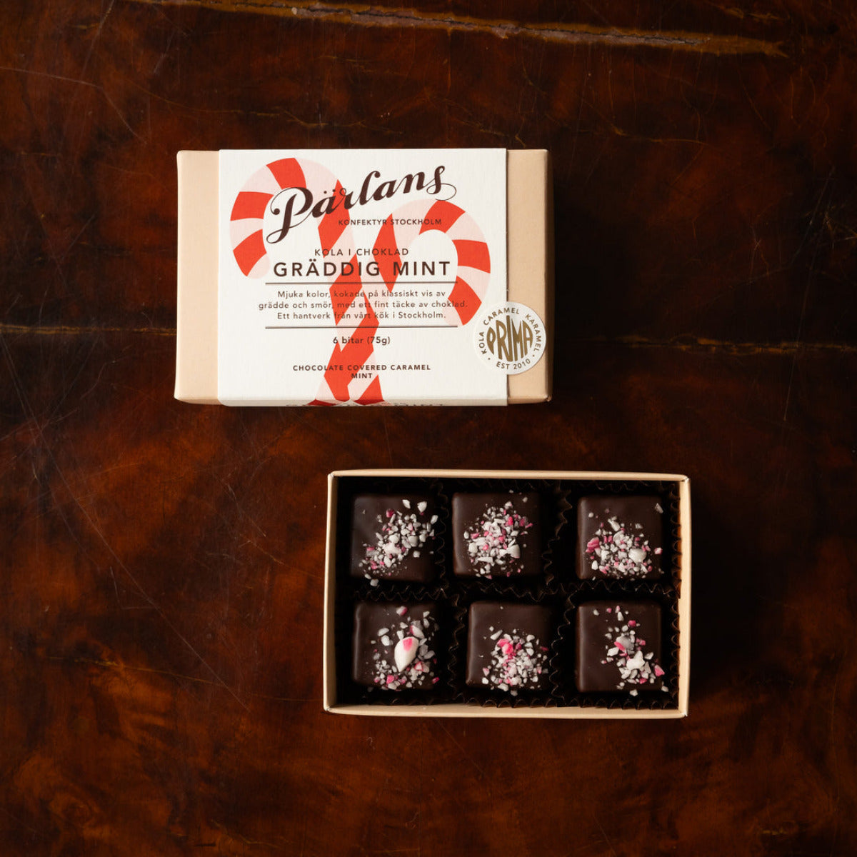 Pärlans gräddig mint med polkakross, kola i choklad, prima kola, hantverkskola