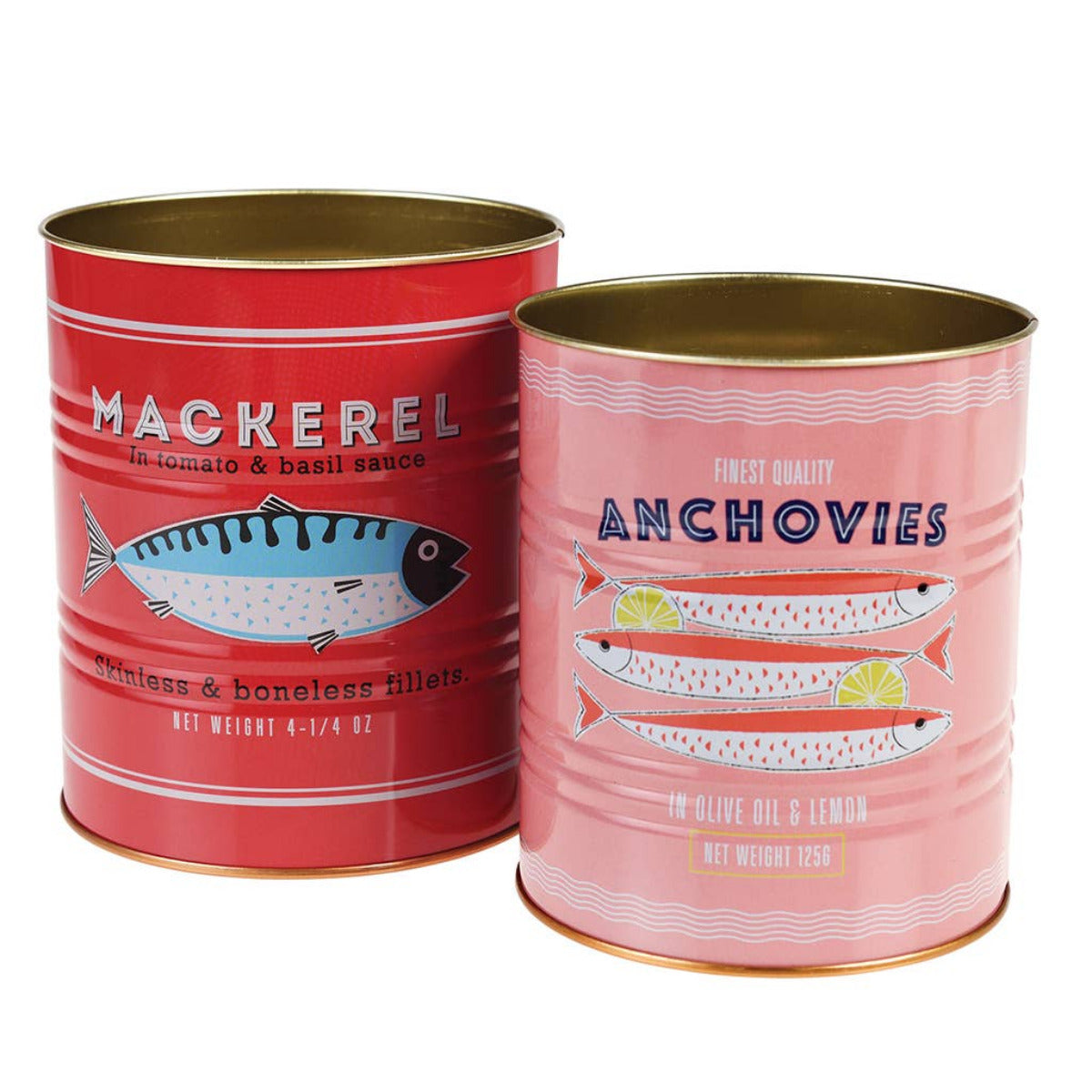 Ett par coola metallburkar i retrostil med ansjovis- och makrillfiskmärkning, inspirerade av vintage matburkar. Perfekt för att organisera dina pennor, köksredskap eller att fylla med bestick och servetter på matbordet.&nbsp;
bestickförvaring